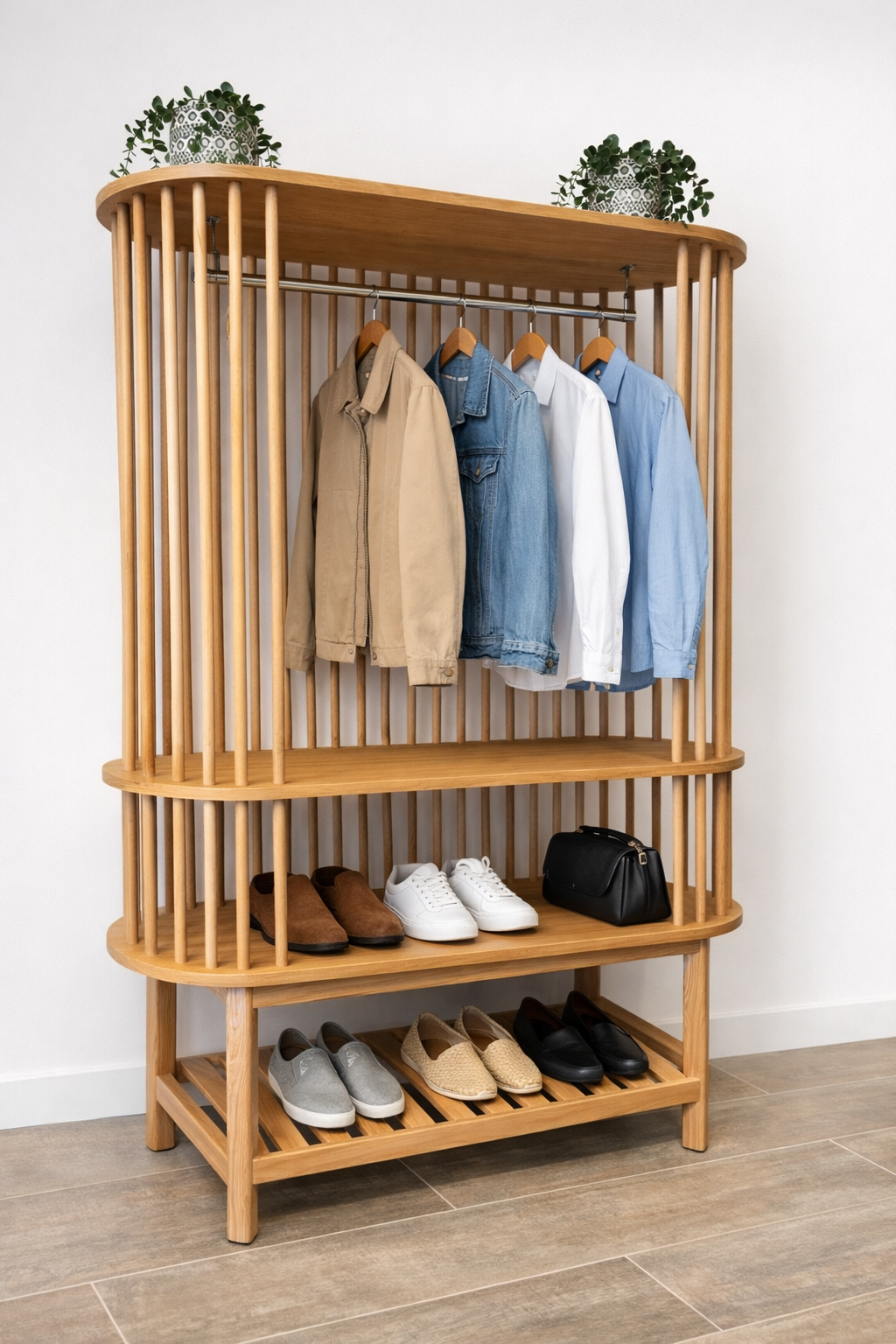 Doğal Ahşap Açık Gardırop Askılık